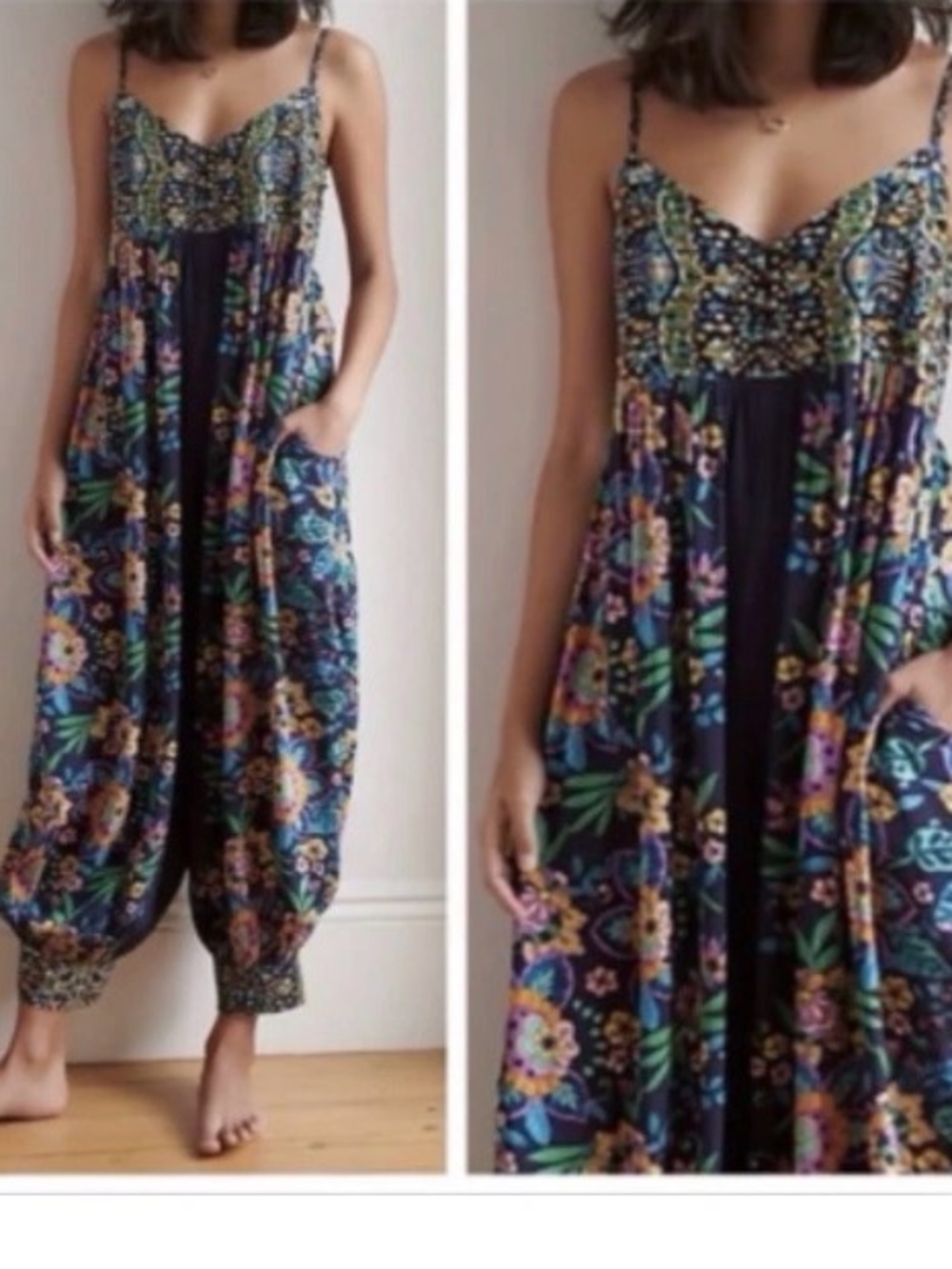 Anthropologie Navy Floral Vega Lounge Rio Harem Leg Boho Jumpsuit